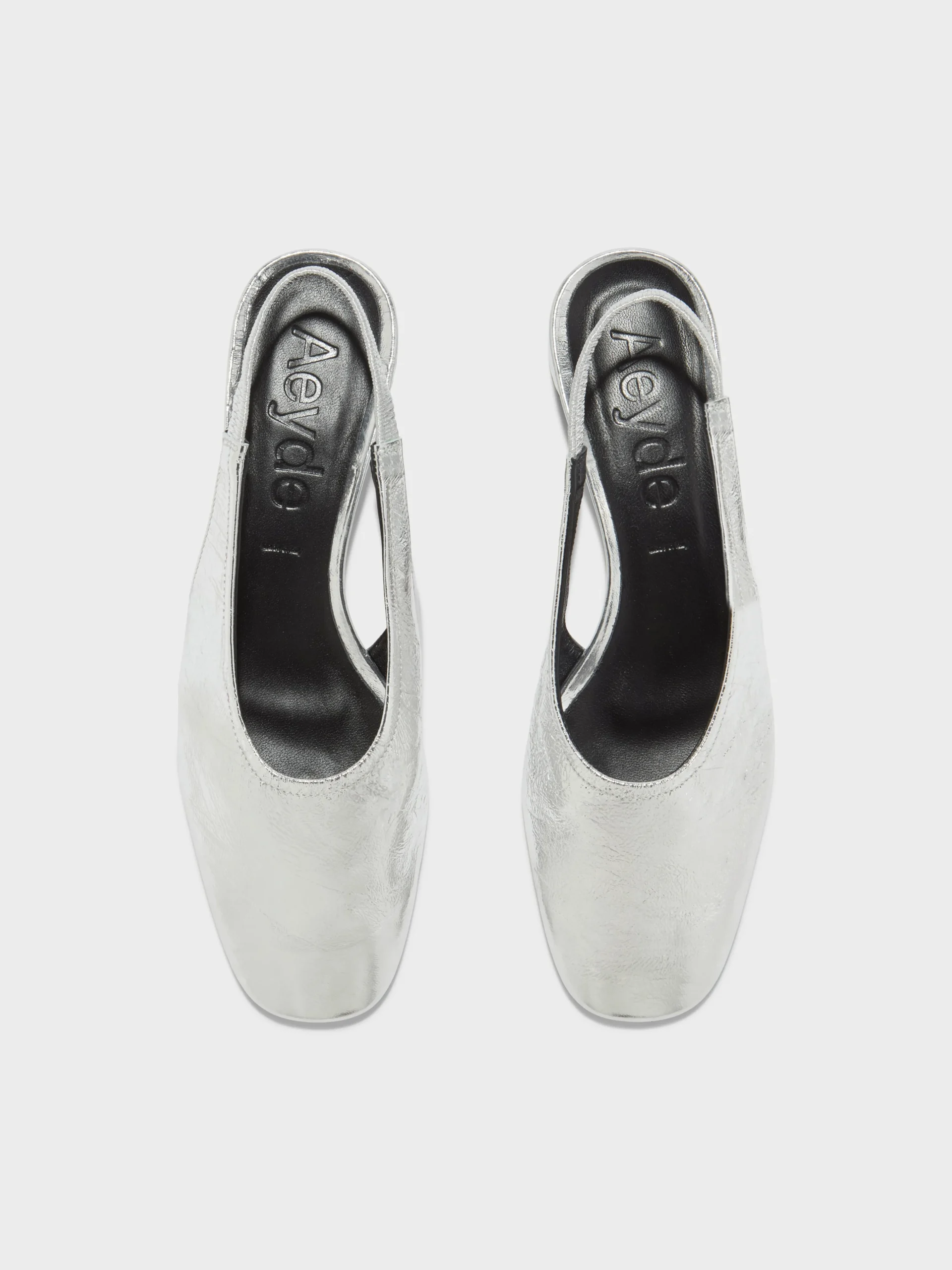New Aeyde Dua Laminated Leather Slingback Silver Crackle