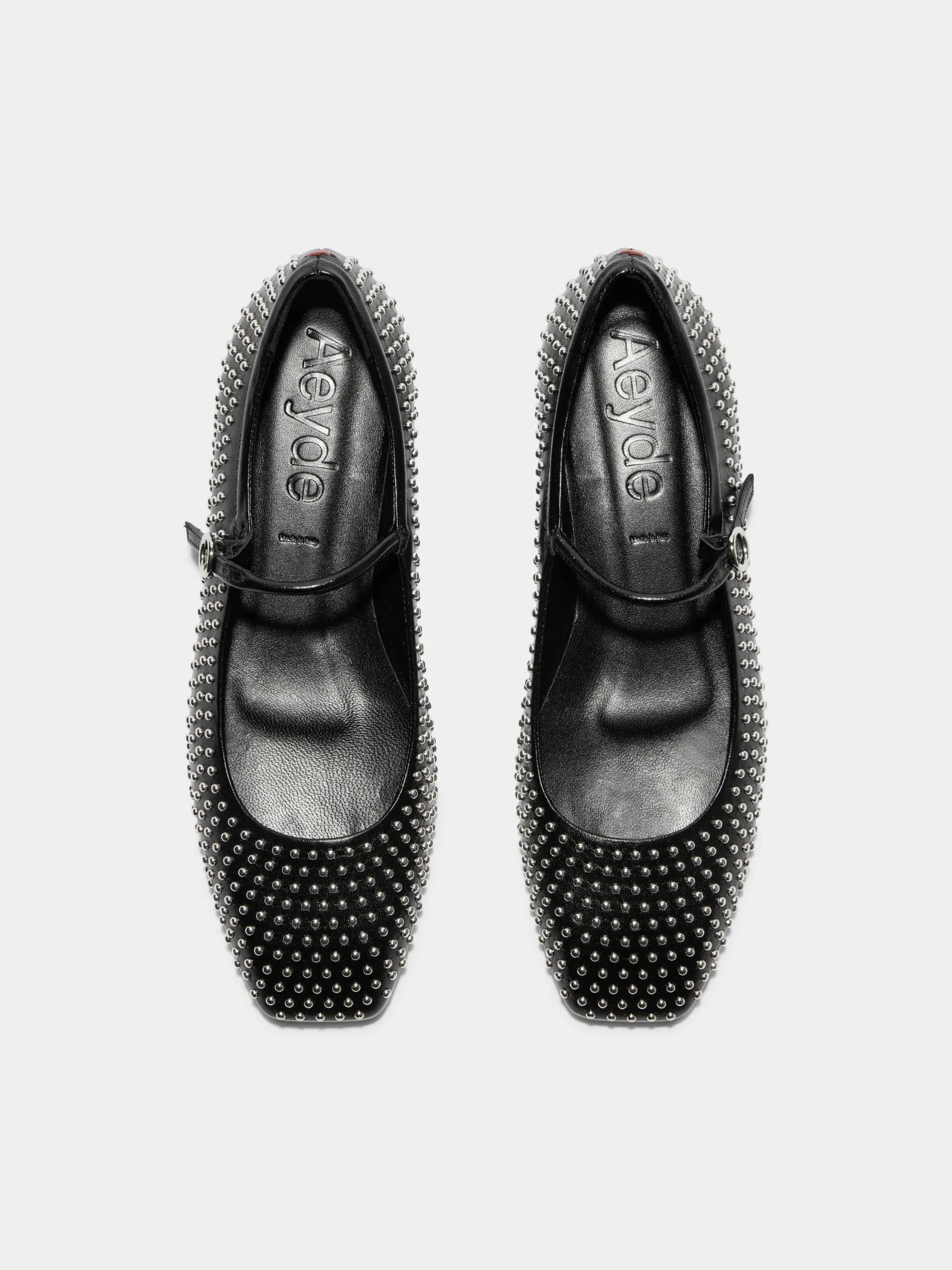 New Aeyde Uma Mini Stud Leather Mary-Jane Flats Black Nappa/Mini Studs