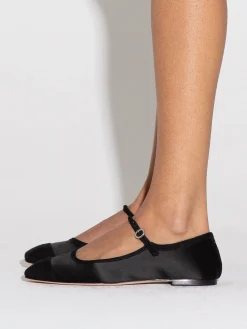 New Aeyde Uma Satin Toe-Cap Mary-Jane Flats Black Satin/Suede